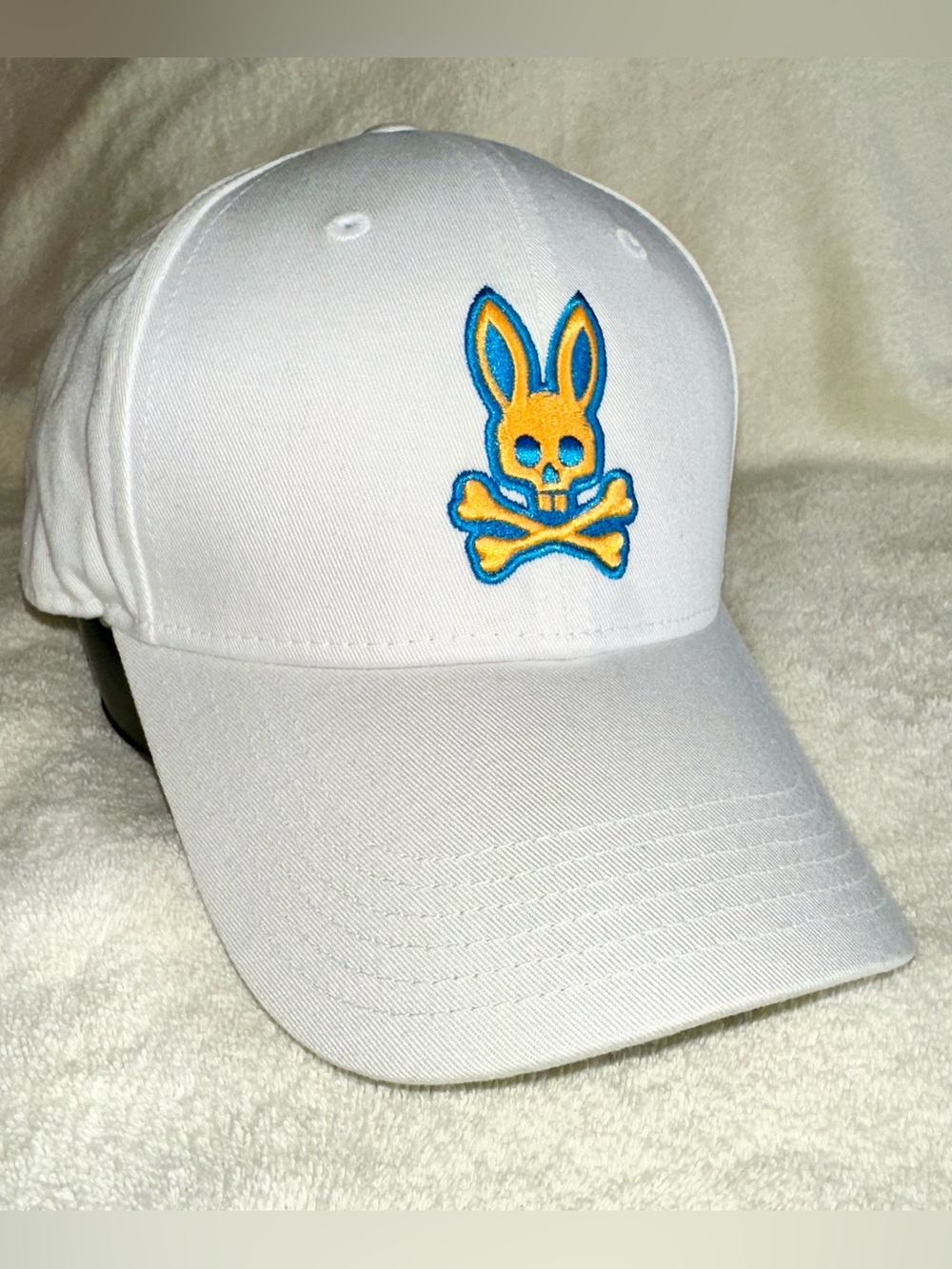 Psycho Bunny White Cotton Baseball Cap Blue Yellow Embroidered Logo Strapback